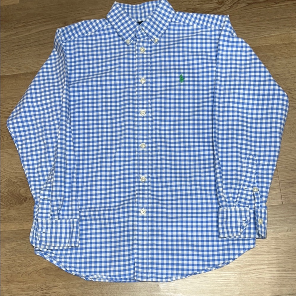 Boy’s Polo Ralph Lauren Blue and White Checkered Button-Up Shirt.